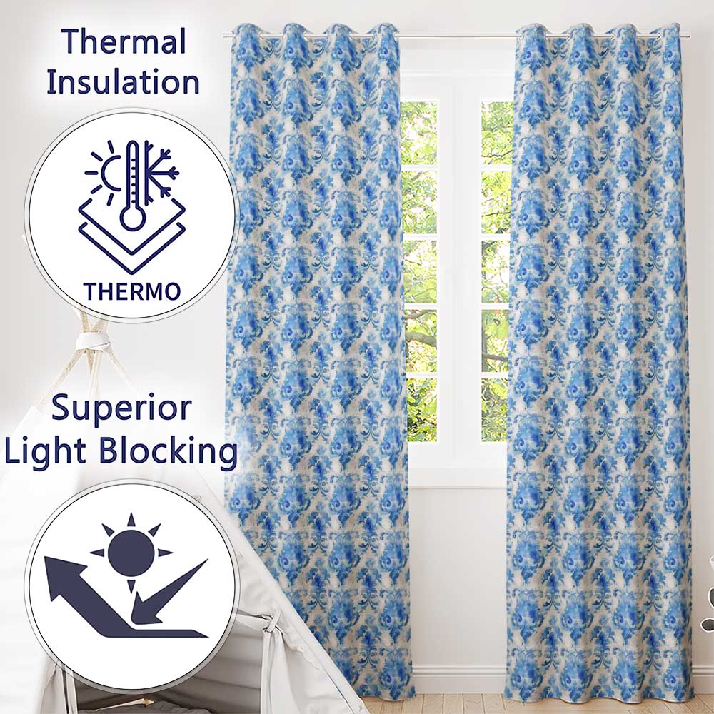 Watercolor Blue Damask Artistic Seamless Pattern  Readymade Eyelet Ring Top Thermal 100% Blackout Curtains