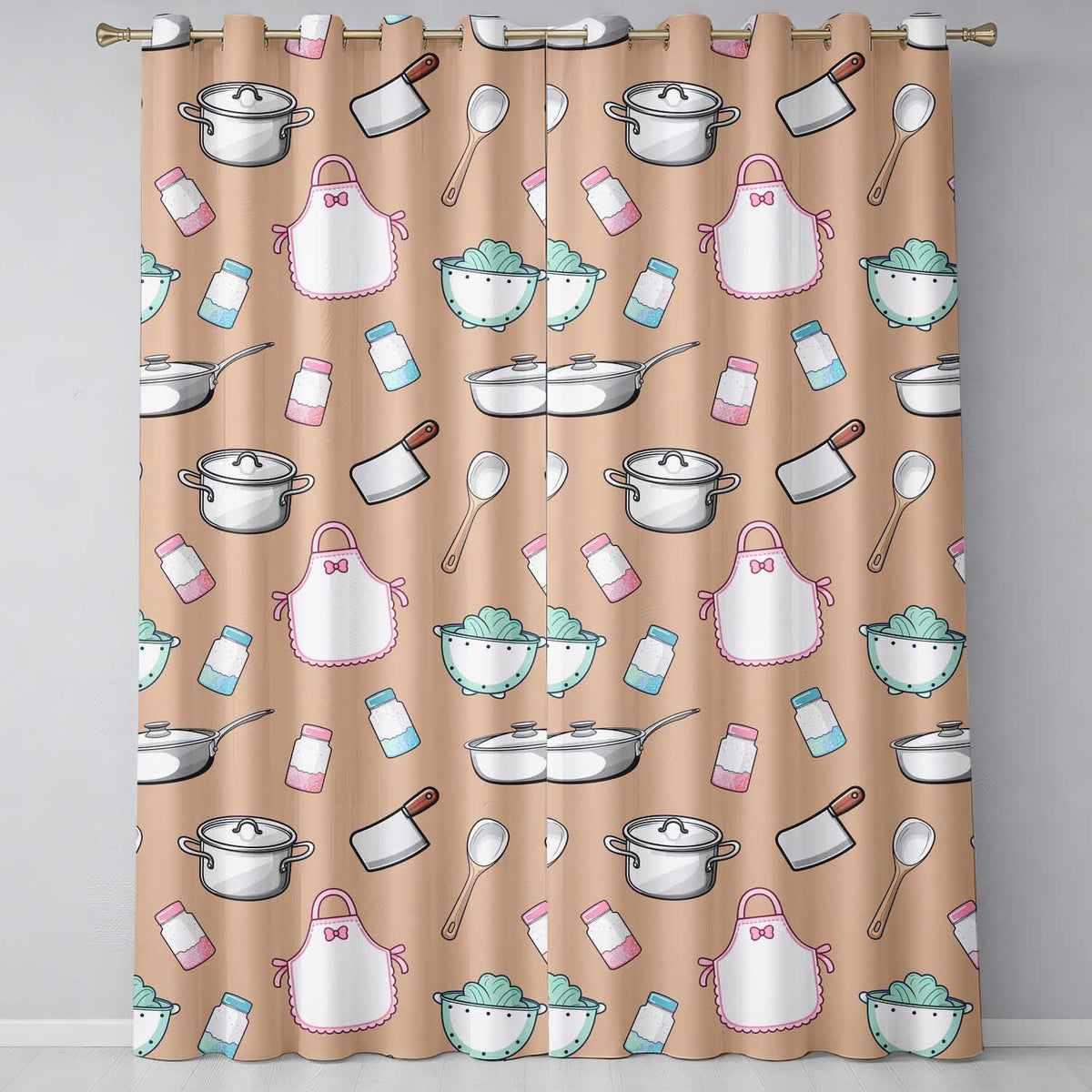Cute Kitchen Utensils Apron Cooking Theme Peach Seamless Pattern  Readymade Eyelet Ring Top Thermal 100% Blackout Curtains