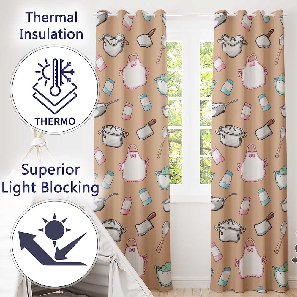Cute Kitchen Utensils Apron Cooking Theme Peach Seamless Pattern  Readymade Eyelet Ring Top Thermal 100% Blackout Curtains