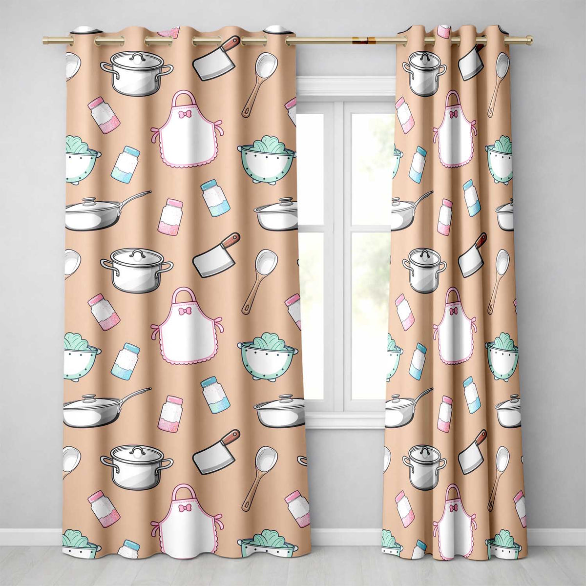 Cute Kitchen Utensils Apron Cooking Theme Peach Seamless Pattern  Readymade Eyelet Ring Top Thermal 100% Blackout Curtains