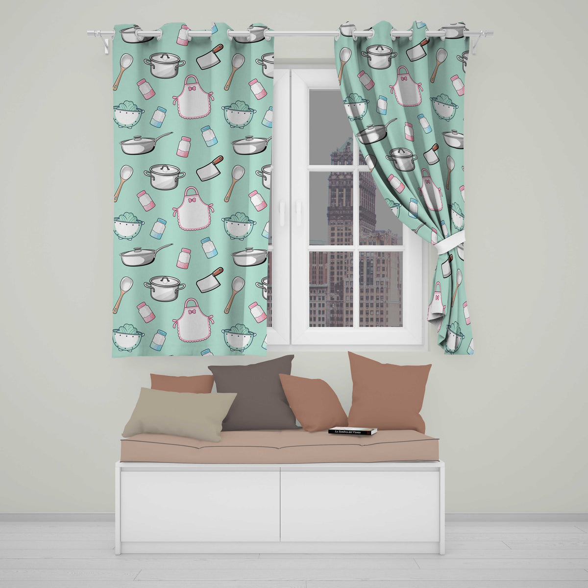 Cute Kitchen Utensils Apron Cooking Teal Seamless Pattern  Readymade Eyelet Ring Top Thermal 100% Blackout Curtains