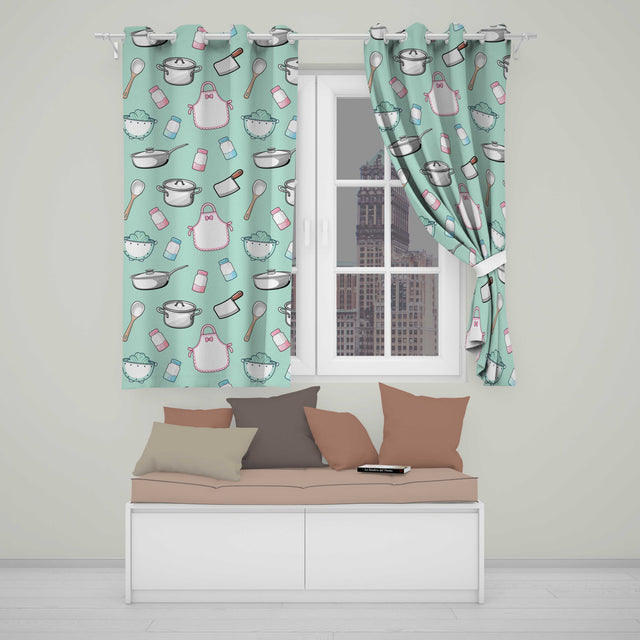 Cute Kitchen Utensils Apron Cooking Teal Seamless Pattern  Readymade Eyelet Ring Top Thermal 100% Blackout Curtains