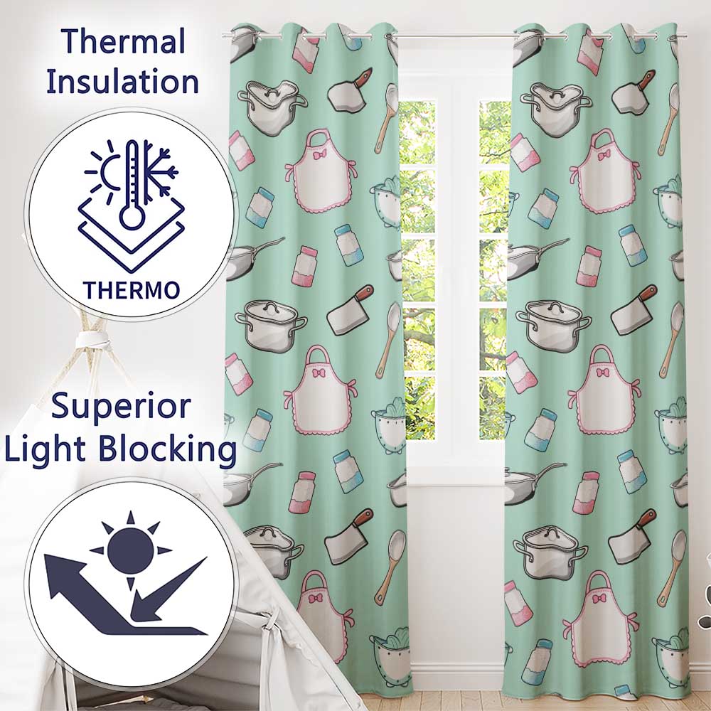 Cute Kitchen Utensils Apron Cooking Teal Seamless Pattern  Readymade Eyelet Ring Top Thermal 100% Blackout Curtains