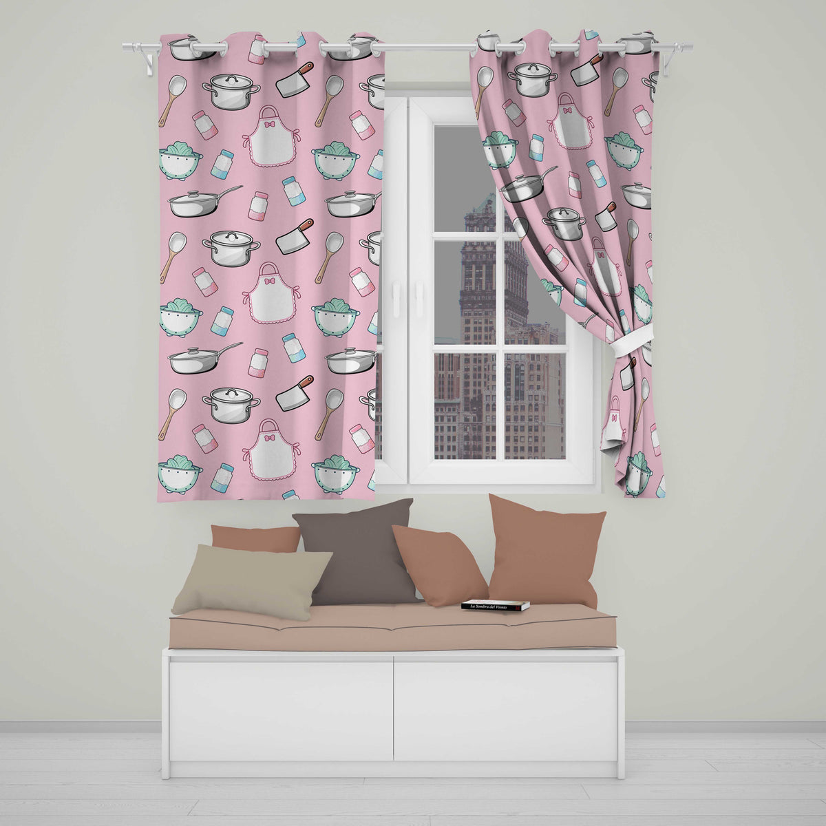Cute Kitchen Utensils Apron Cooking Soft Pink Seamless Pattern  Readymade Eyelet Ring Top Thermal 100% Blackout Curtains
