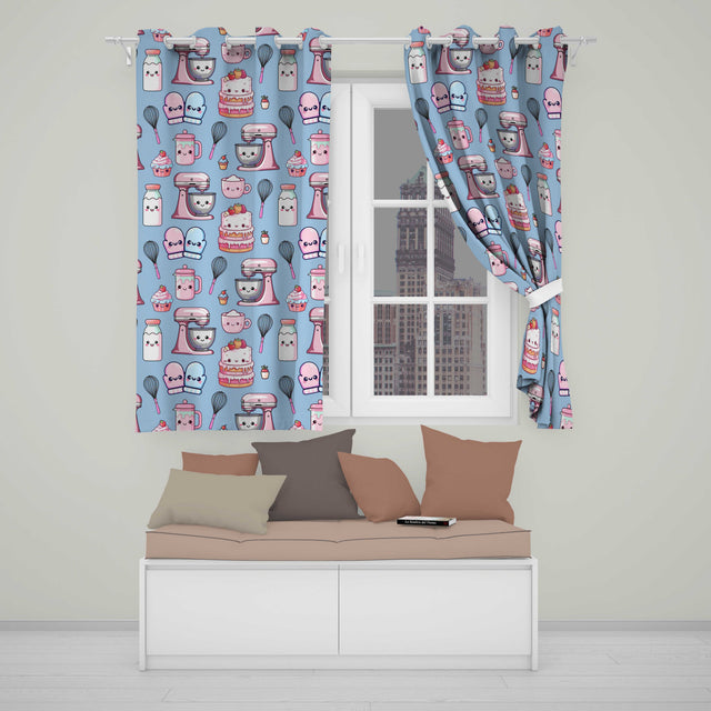 Cute Kawaii Baking Cake Mixer Blue Seamless Pattern  Readymade Eyelet Ring Top Thermal 100% Blackout Curtains