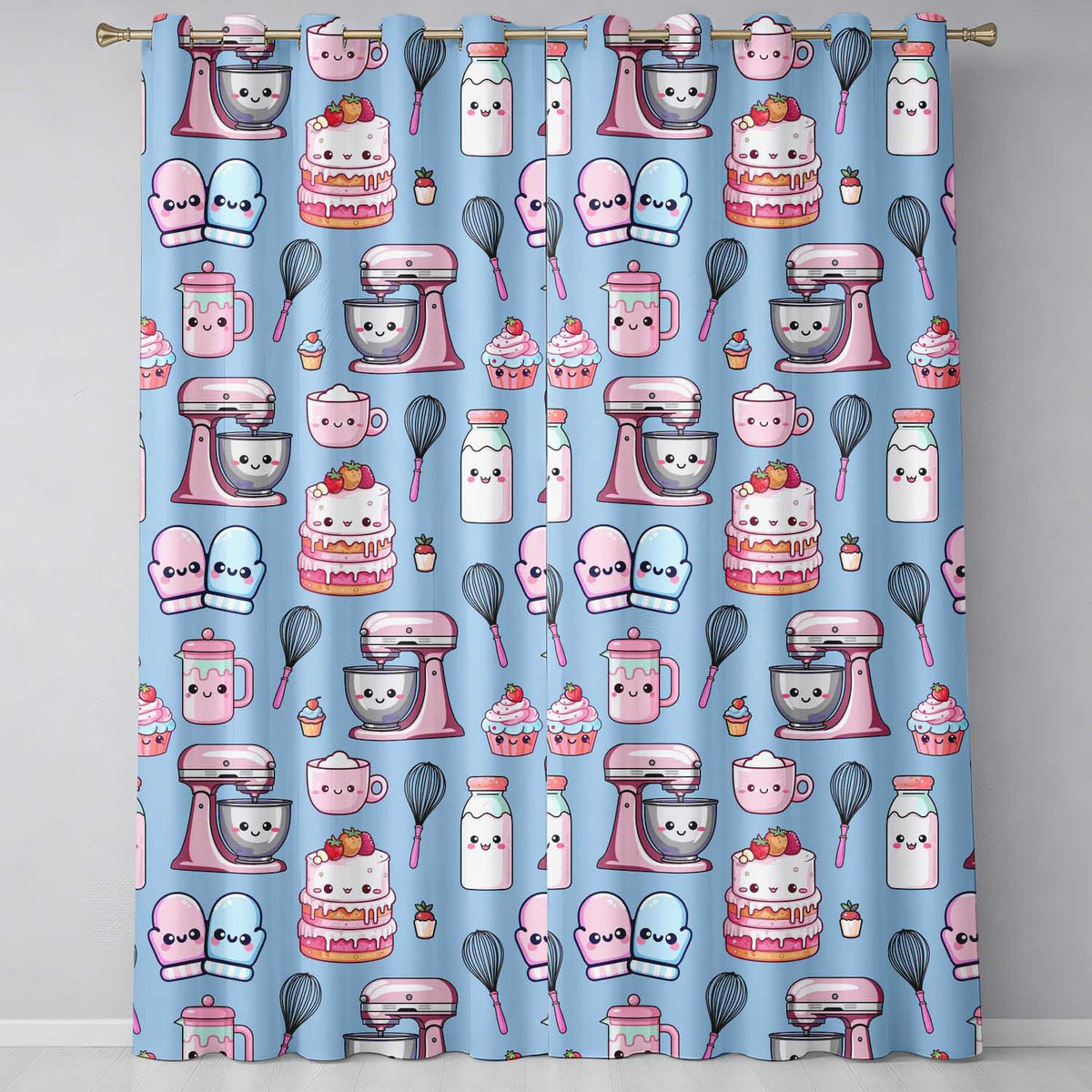 Cute Kawaii Baking Cake Mixer Blue Seamless Pattern  Readymade Eyelet Ring Top Thermal 100% Blackout Curtains