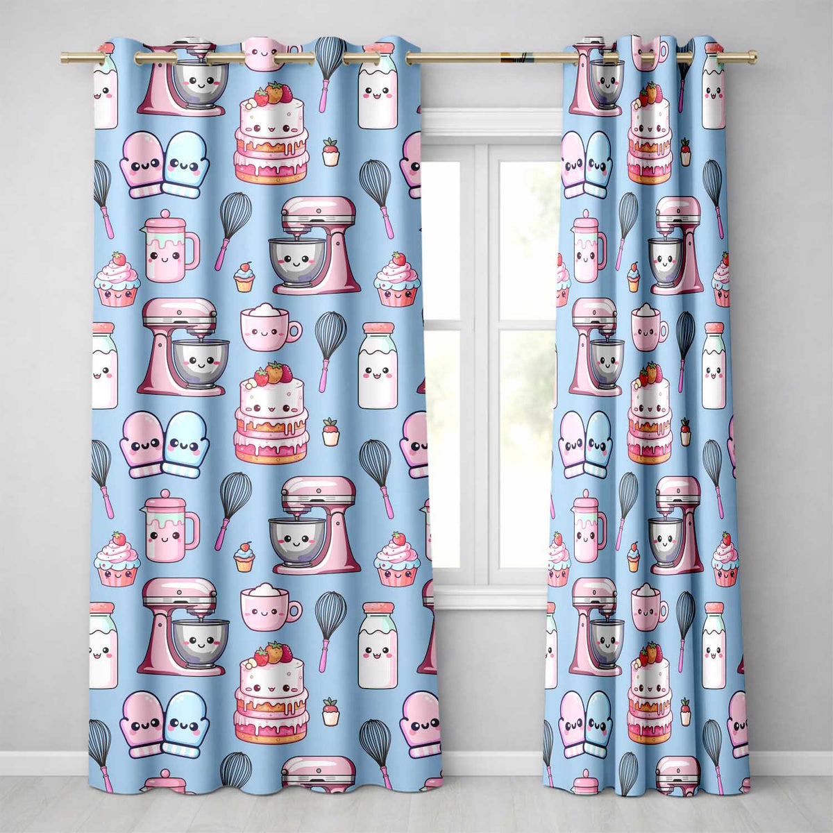 Cute Kawaii Baking Cake Mixer Blue Seamless Pattern  Readymade Eyelet Ring Top Thermal 100% Blackout Curtains