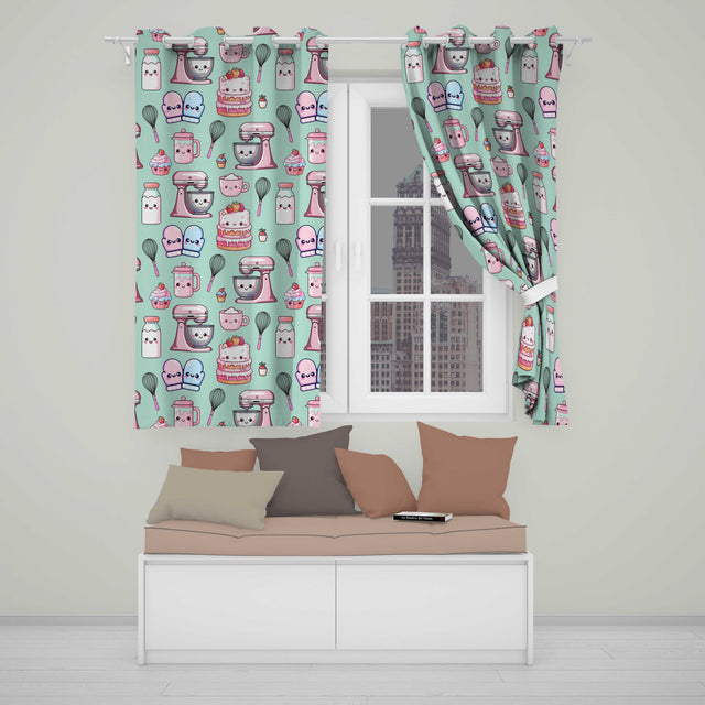 Cute Kawaii Baking Cake Mixer Mint Seamless Pattern  Readymade Eyelet Ring Top Thermal 100% Blackout Curtains