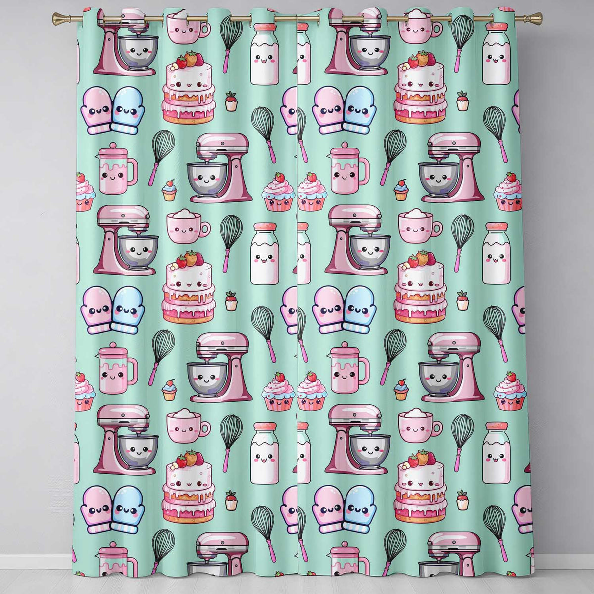 Cute Kawaii Baking Cake Mixer Mint Seamless Pattern  Readymade Eyelet Ring Top Thermal 100% Blackout Curtains