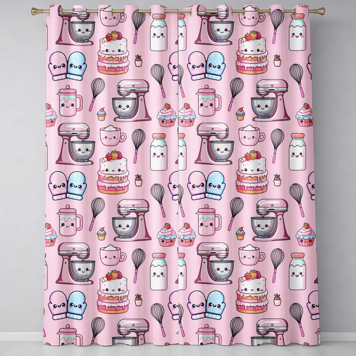 Cute Kawaii Baking Cake Mixer Blush Seamless Pattern  Readymade Eyelet Ring Top Thermal 100% Blackout Curtains