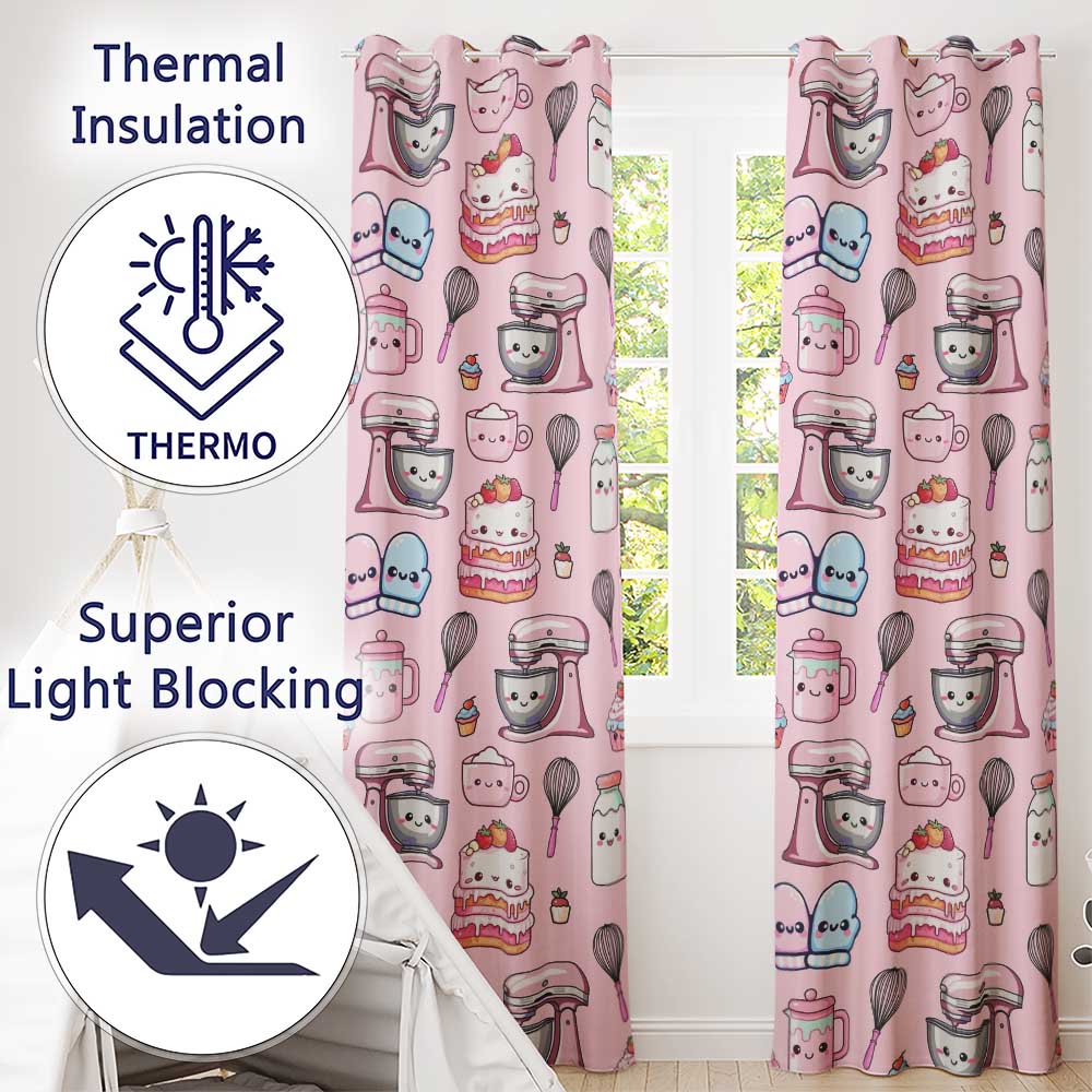 Cute Kawaii Baking Cake Mixer Blush Seamless Pattern  Readymade Eyelet Ring Top Thermal 100% Blackout Curtains