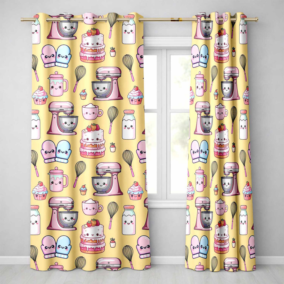 Cute Kawaii Baking Cake Mixer Yellow Seamless Pattern  Readymade Eyelet Ring Top Thermal 100% Blackout Curtains