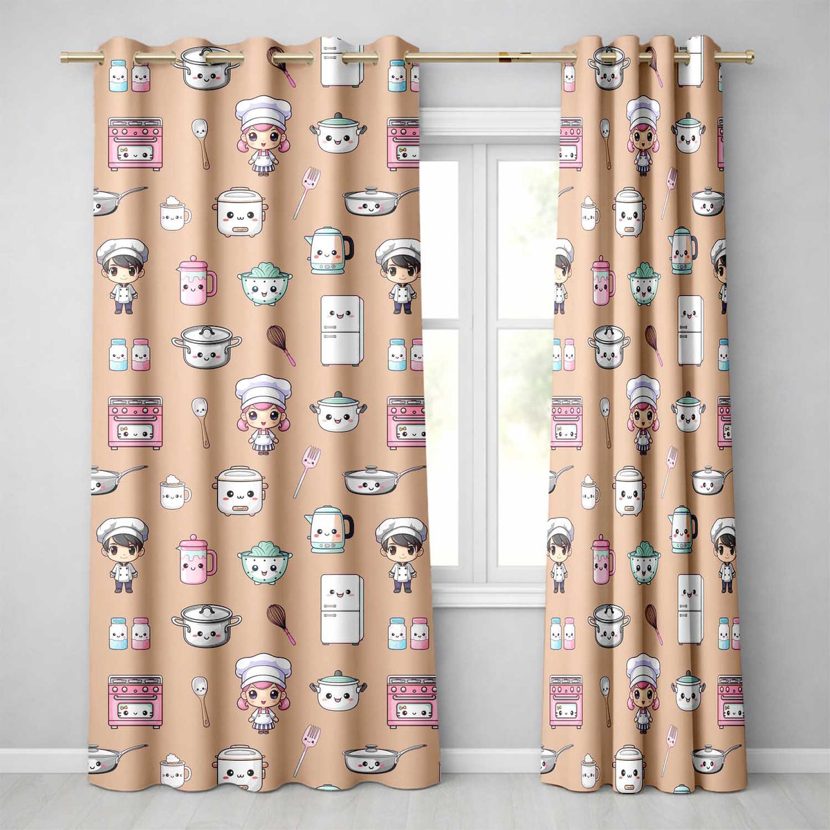 Cute Kawaii Chef Girl Peach Kitchen Utensils Seamless Pattern  Readymade Eyelet Ring Top Thermal 100% Blackout Curtains