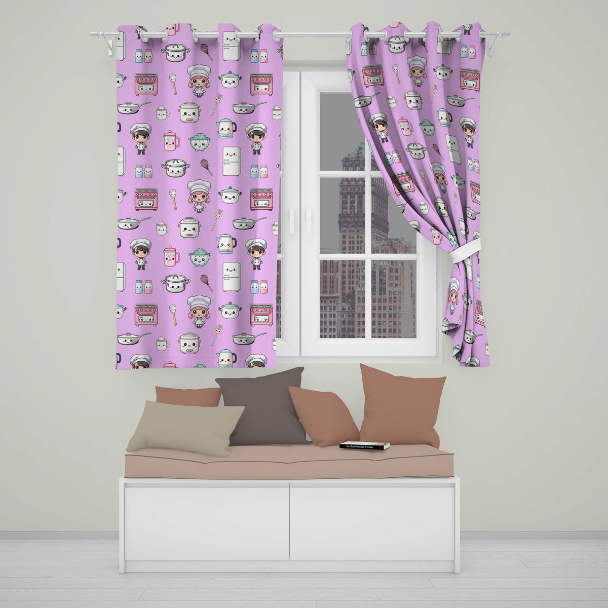 Cute Kawaii Chef Girl Purple Kitchen Utensils Seamless Pattern  Readymade Eyelet Ring Top Thermal 100% Blackout Curtains