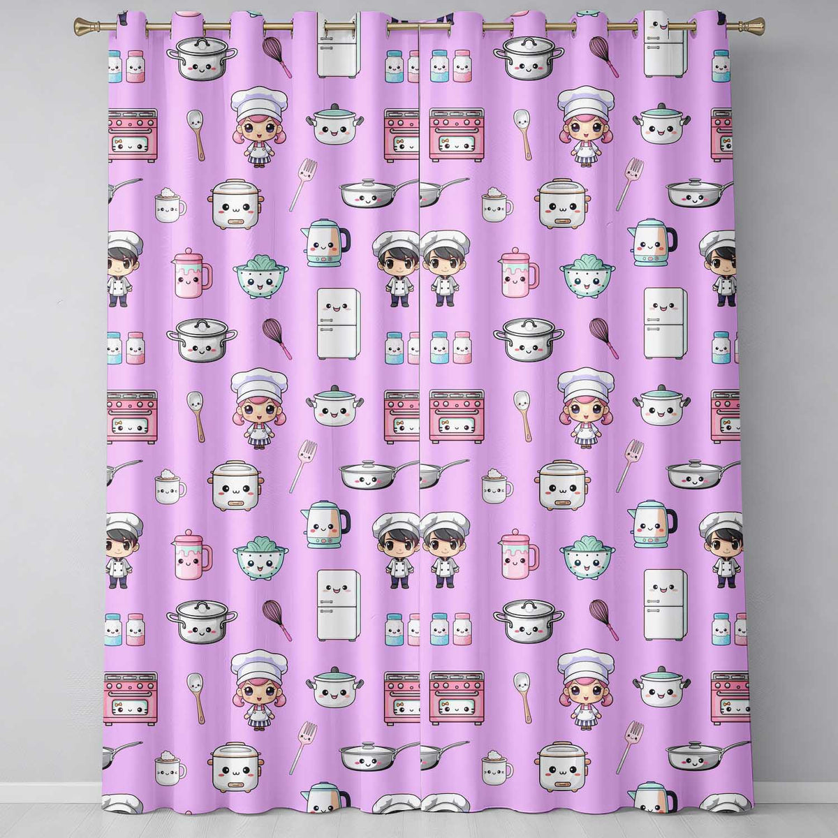 Cute Kawaii Chef Girl Purple Kitchen Utensils Seamless Pattern  Readymade Eyelet Ring Top Thermal 100% Blackout Curtains