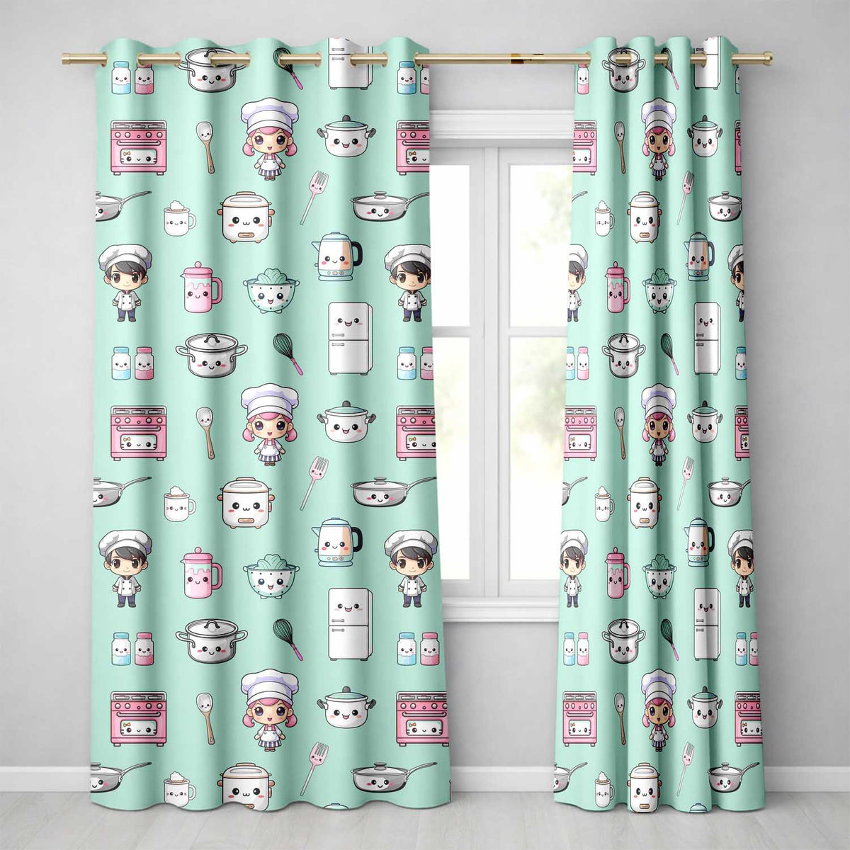 Cute Kawaii Chef Girl Mint Kitchen Utensils Seamless Pattern  Readymade Eyelet Ring Top Thermal 100% Blackout Curtains