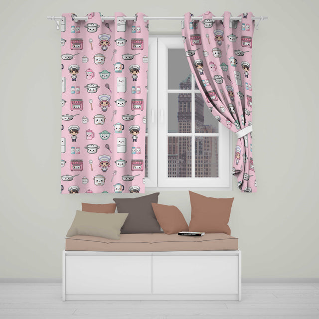 Cute Kawaii Chef Girl Pink Kitchen Utensils Seamless Pattern  Readymade Eyelet Ring Top Thermal 100% Blackout Curtains
