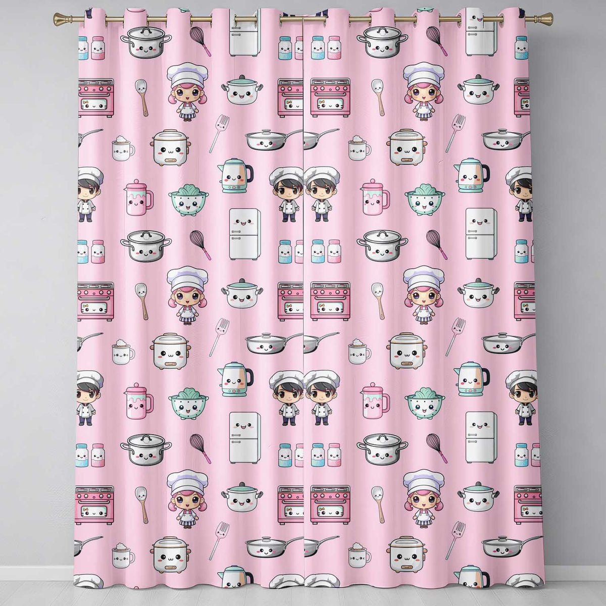 Cute Kawaii Chef Girl Pink Kitchen Utensils Seamless Pattern  Readymade Eyelet Ring Top Thermal 100% Blackout Curtains