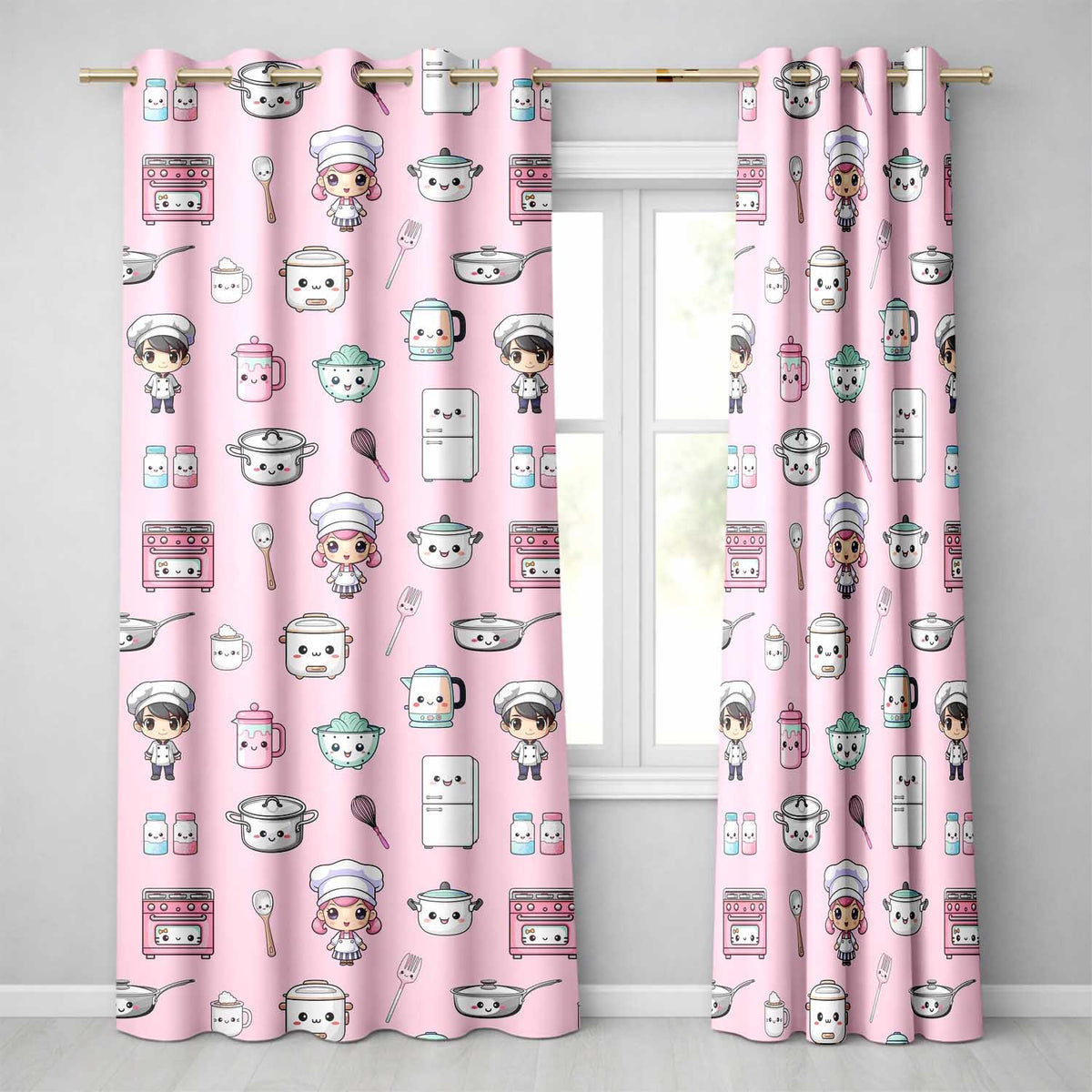 Cute Kawaii Chef Girl Pink Kitchen Utensils Seamless Pattern  Readymade Eyelet Ring Top Thermal 100% Blackout Curtains