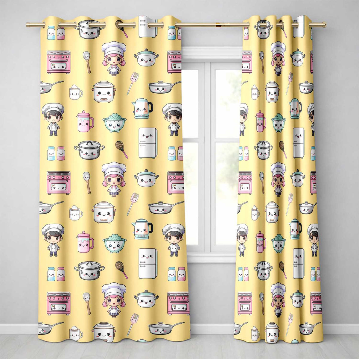 Cute Kawaii Chef Girl Kitchen Utensils Yellow Background Seamless Pattern  Readymade Eyelet Ring Top Thermal 100% Blackout Curtains