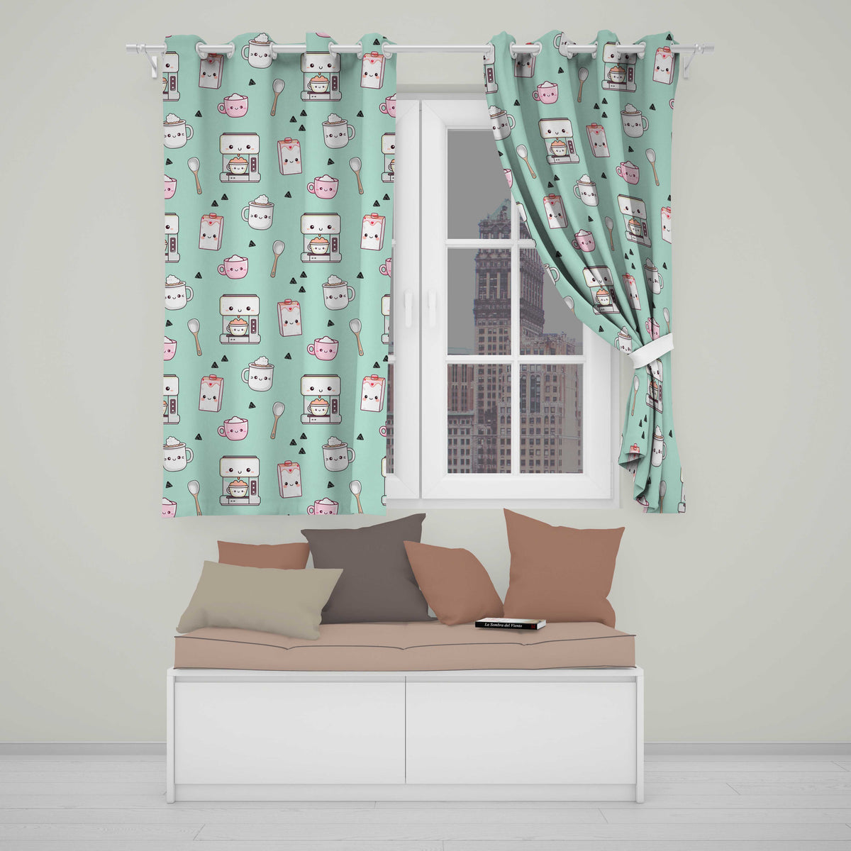 Cute Kawaii Coffee Maker Cups Milk Mint Background Seamless Pattern  Readymade Eyelet Ring Top Thermal 100% Blackout Curtains