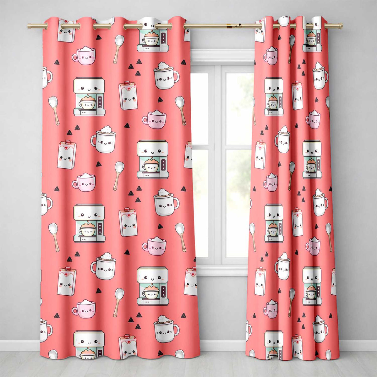 Cute Kawaii Coffee Maker Cups Milk Red Background Seamless Pattern  Readymade Eyelet Ring Top Thermal 100% Blackout Curtains