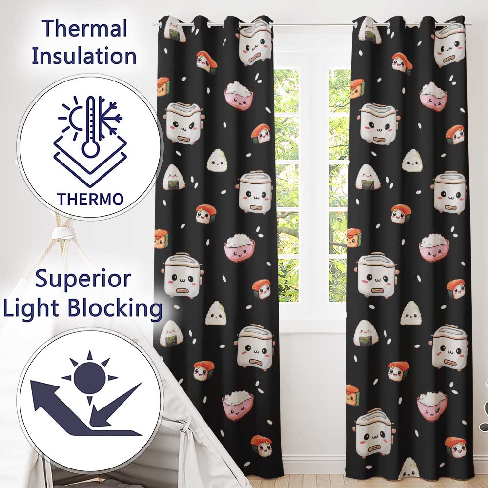 Cute Kawaii Sushi Rice Bowl Cooker Black Background Seamless Pattern  Readymade Eyelet Ring Top Thermal 100% Blackout Curtains