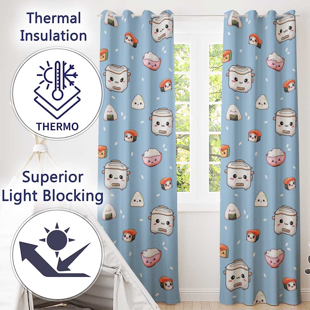 Cute Kawaii Sushi Rice Bowl Cooker Blue Background Seamless Pattern  Readymade Eyelet Ring Top Thermal 100% Blackout Curtains