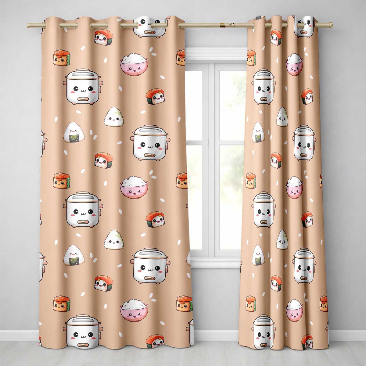 Cute Kawaii Sushi Rice Cooker Bowl Salmon Beige Background Seamless Pattern  Readymade Eyelet Ring Top Thermal 100% Blackout Curtains