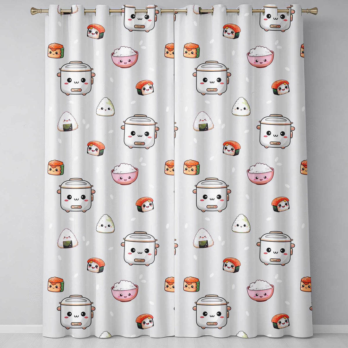 Cute Kawaii Sushi Rice Cooker Bowl Neutral Background Seamless Pattern  Readymade Eyelet Ring Top Thermal 100% Blackout Curtains