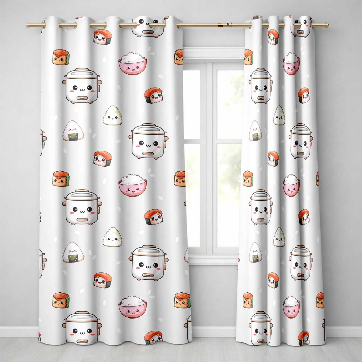 Cute Kawaii Sushi Rice Cooker Bowl Neutral Background Seamless Pattern  Readymade Eyelet Ring Top Thermal 100% Blackout Curtains