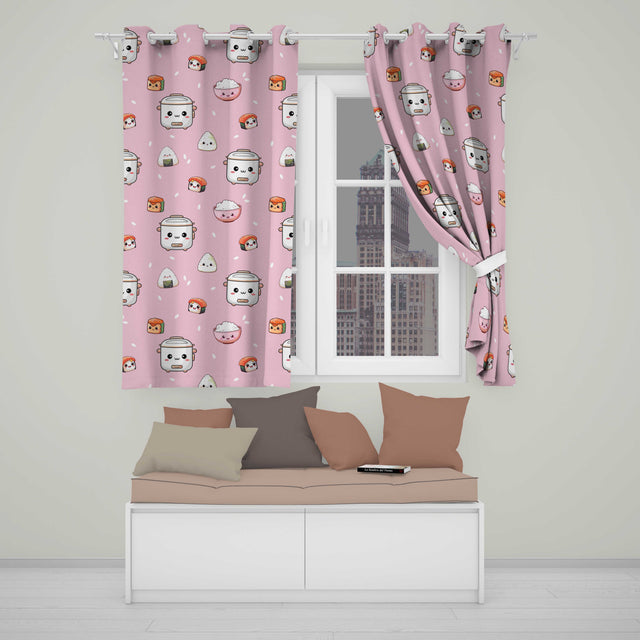 Cute Kawaii Sushi Rice Cooker Bowl Blush Background Seamless Pattern  Readymade Eyelet Ring Top Thermal 100% Blackout Curtains