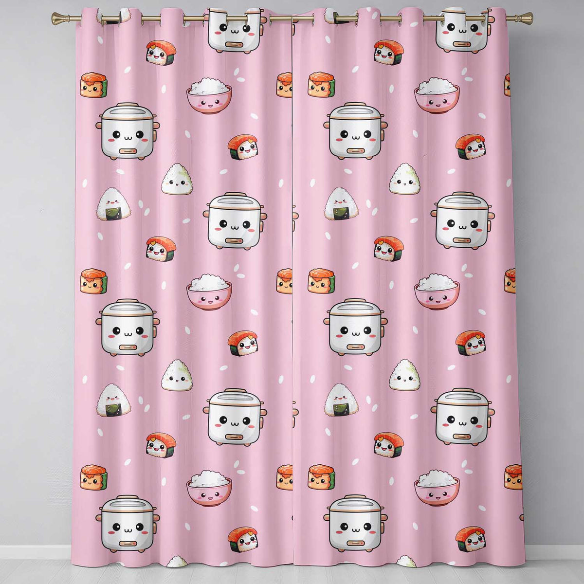 Cute Kawaii Sushi Rice Cooker Bowl Blush Background Seamless Pattern  Readymade Eyelet Ring Top Thermal 100% Blackout Curtains