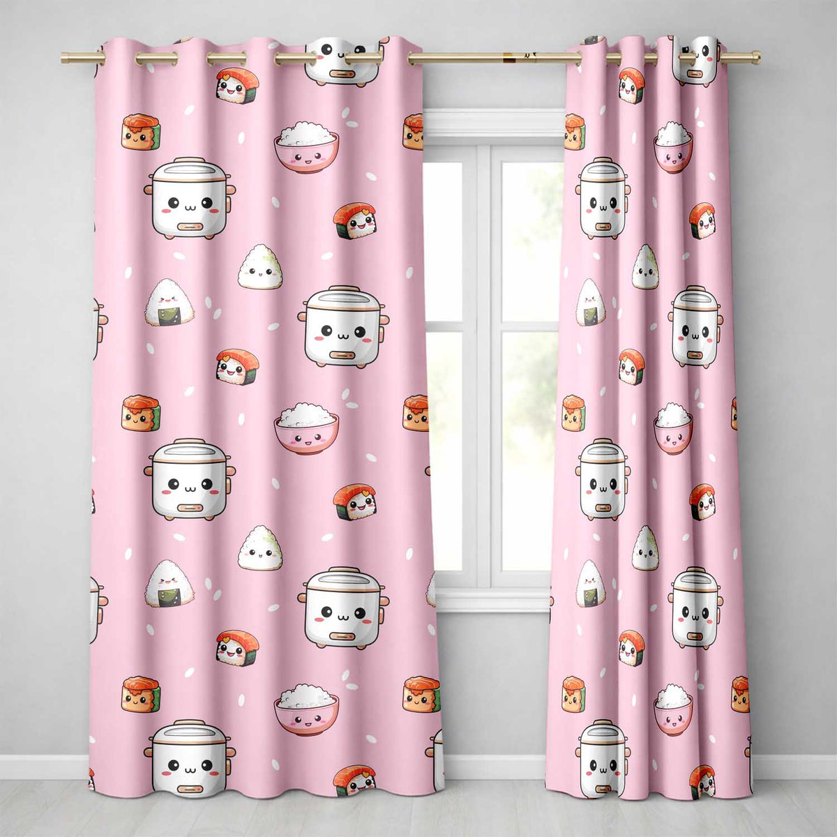 Cute Kawaii Sushi Rice Cooker Bowl Blush Background Seamless Pattern  Readymade Eyelet Ring Top Thermal 100% Blackout Curtains