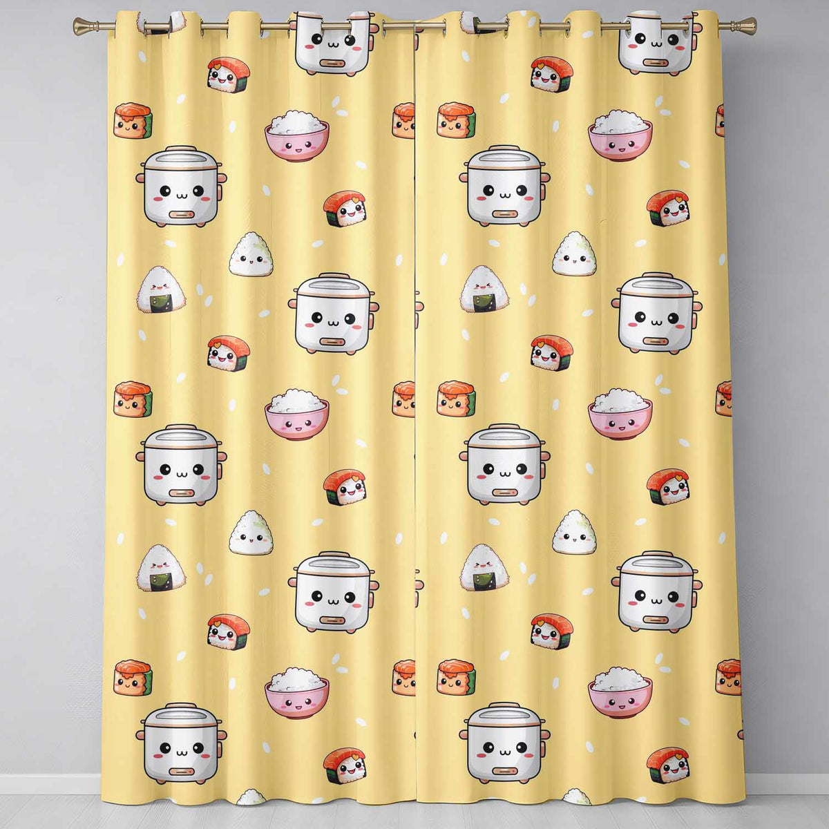 Cute Kawaii Sushi Rice Cooker Bowl Yellow Background Seamless Pattern  Readymade Eyelet Ring Top Thermal 100% Blackout Curtains