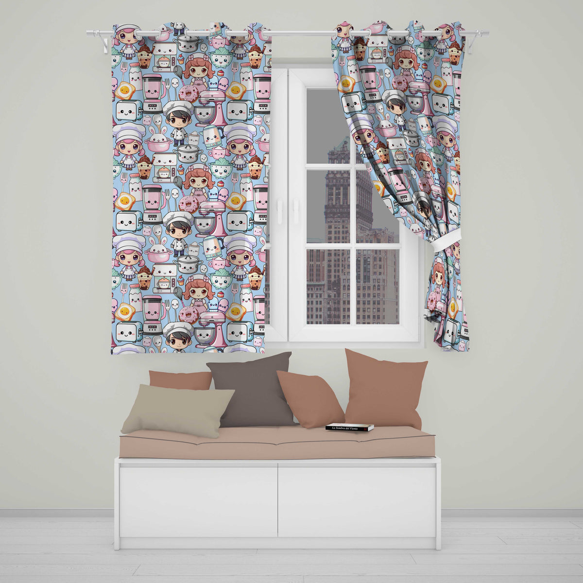 Cute Kawaii Baking Girl Mixer Blender Donut  Blue Background Seamless Pattern  Readymade Eyelet Ring Top Thermal 100% Blackout Curtains