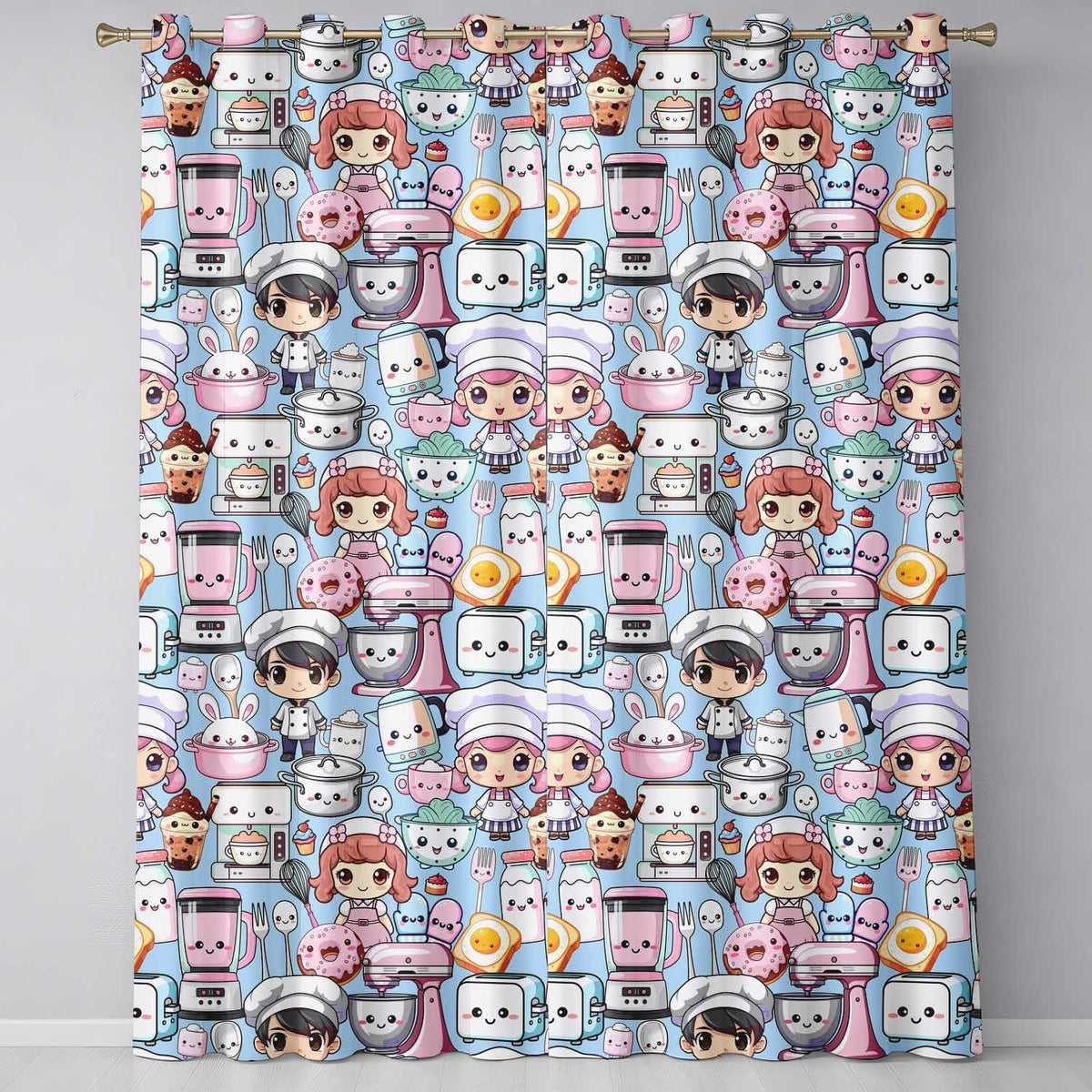 Cute Kawaii Baking Girl Mixer Blender Donut  Blue Background Seamless Pattern  Readymade Eyelet Ring Top Thermal 100% Blackout Curtains