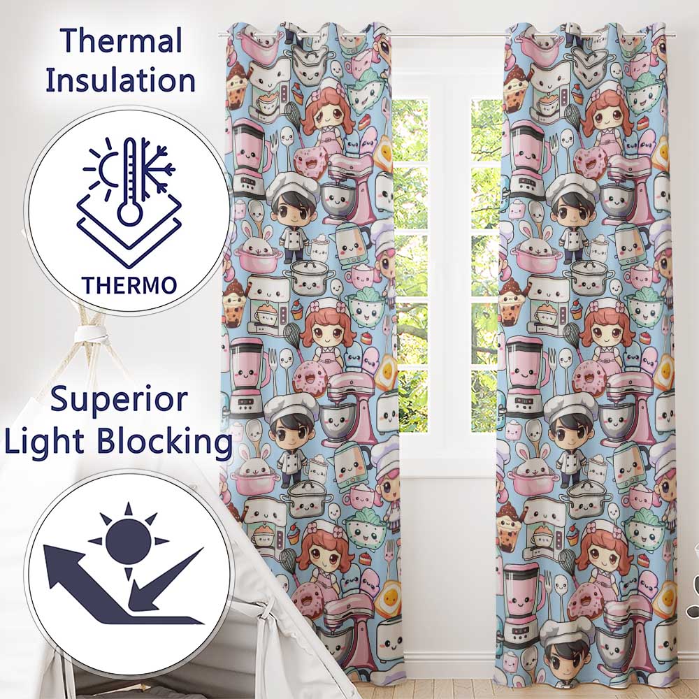 Cute Kawaii Baking Girl Mixer Blender Donut  Blue Background Seamless Pattern  Readymade Eyelet Ring Top Thermal 100% Blackout Curtains
