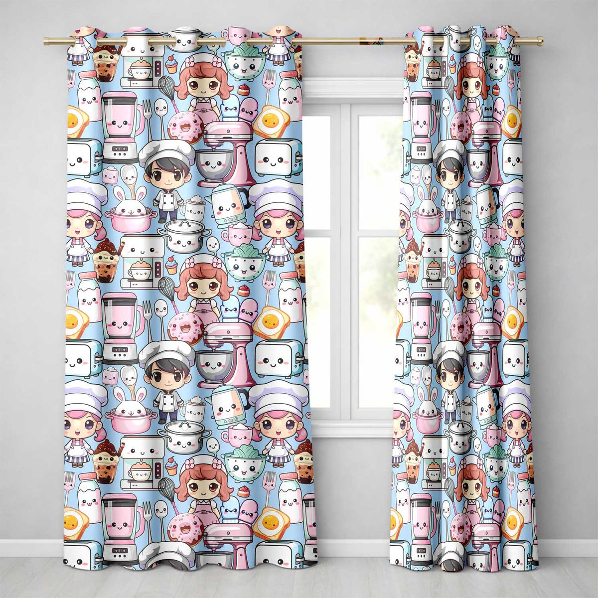 Cute Kawaii Baking Girl Mixer Blender Donut  Blue Background Seamless Pattern  Readymade Eyelet Ring Top Thermal 100% Blackout Curtains