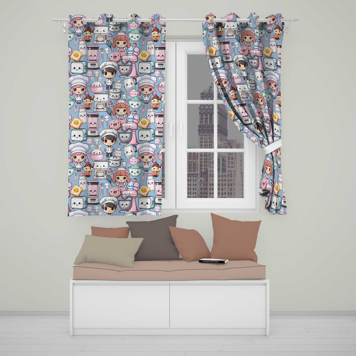 Cute Kawaii Baking Girl Mixer Blender Donut  Blue Background Seamless Pattern  Readymade Eyelet Ring Top Thermal 100% Blackout Curtains