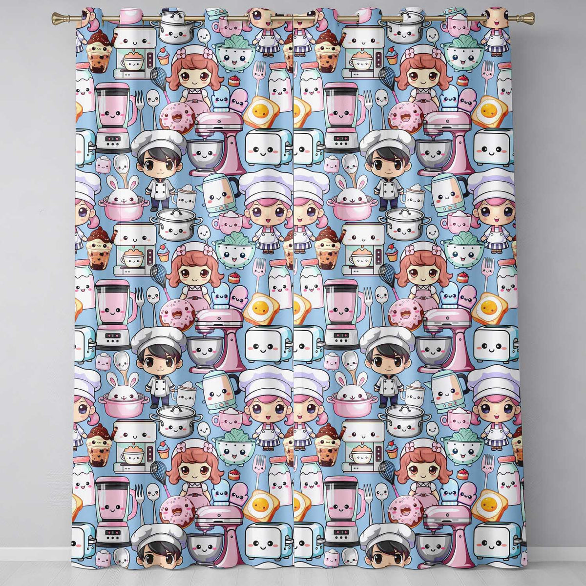 Cute Kawaii Baking Girl Mixer Blender Donut  Blue Background Seamless Pattern  Readymade Eyelet Ring Top Thermal 100% Blackout Curtains