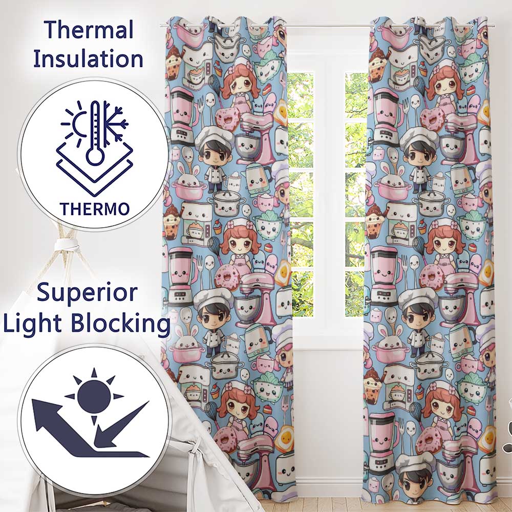 Cute Kawaii Baking Girl Mixer Blender Donut  Blue Background Seamless Pattern  Readymade Eyelet Ring Top Thermal 100% Blackout Curtains