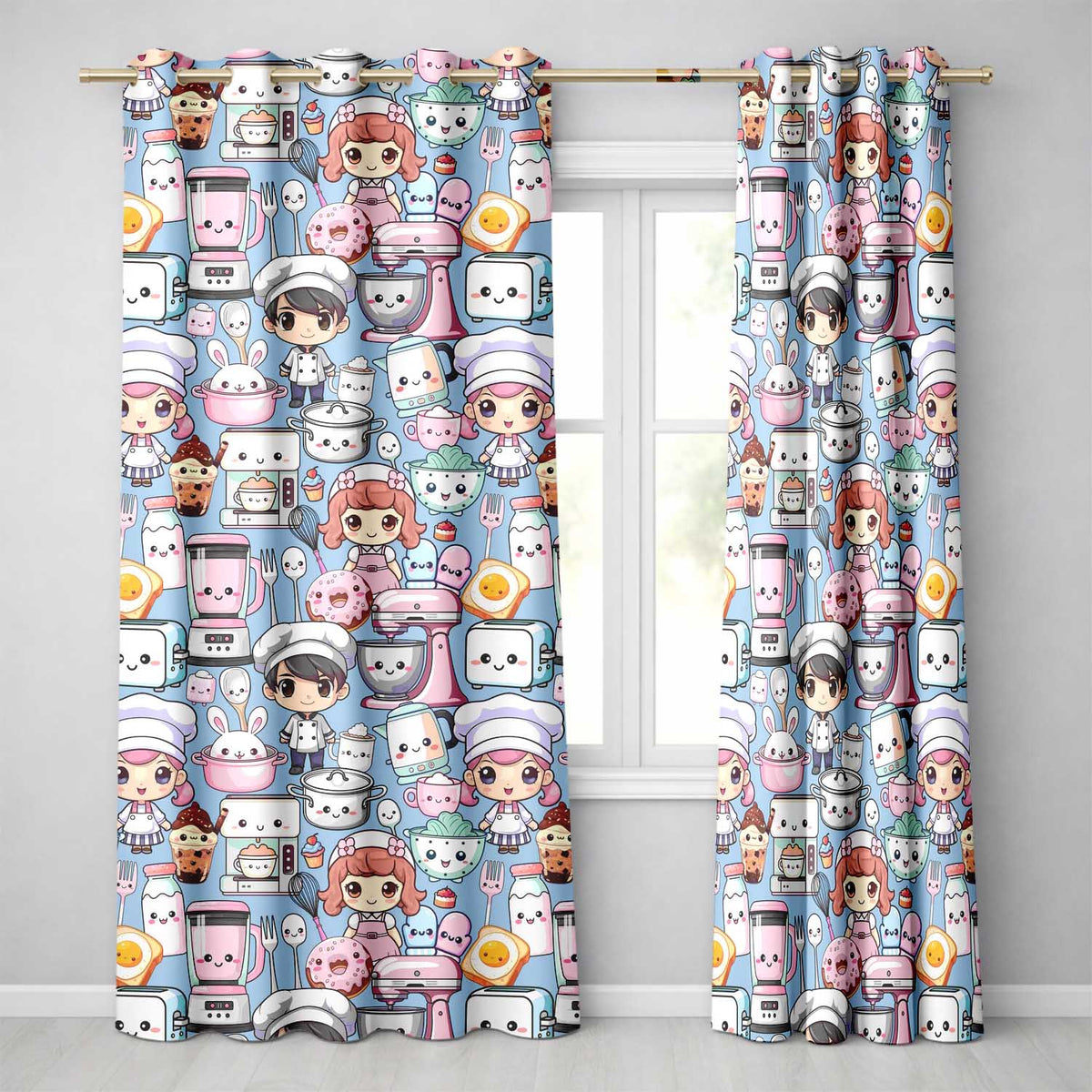Cute Kawaii Baking Girl Mixer Blender Donut  Blue Background Seamless Pattern  Readymade Eyelet Ring Top Thermal 100% Blackout Curtains