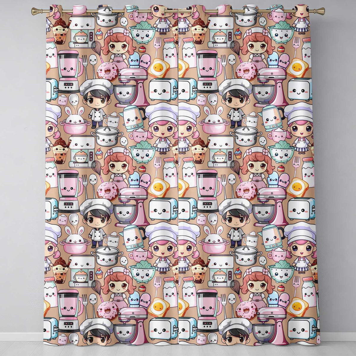 Cute Kawaii Baking Girl Mixer Blender Donut  Peach Background Seamless Pattern  Readymade Eyelet Ring Top Thermal 100% Blackout Curtains