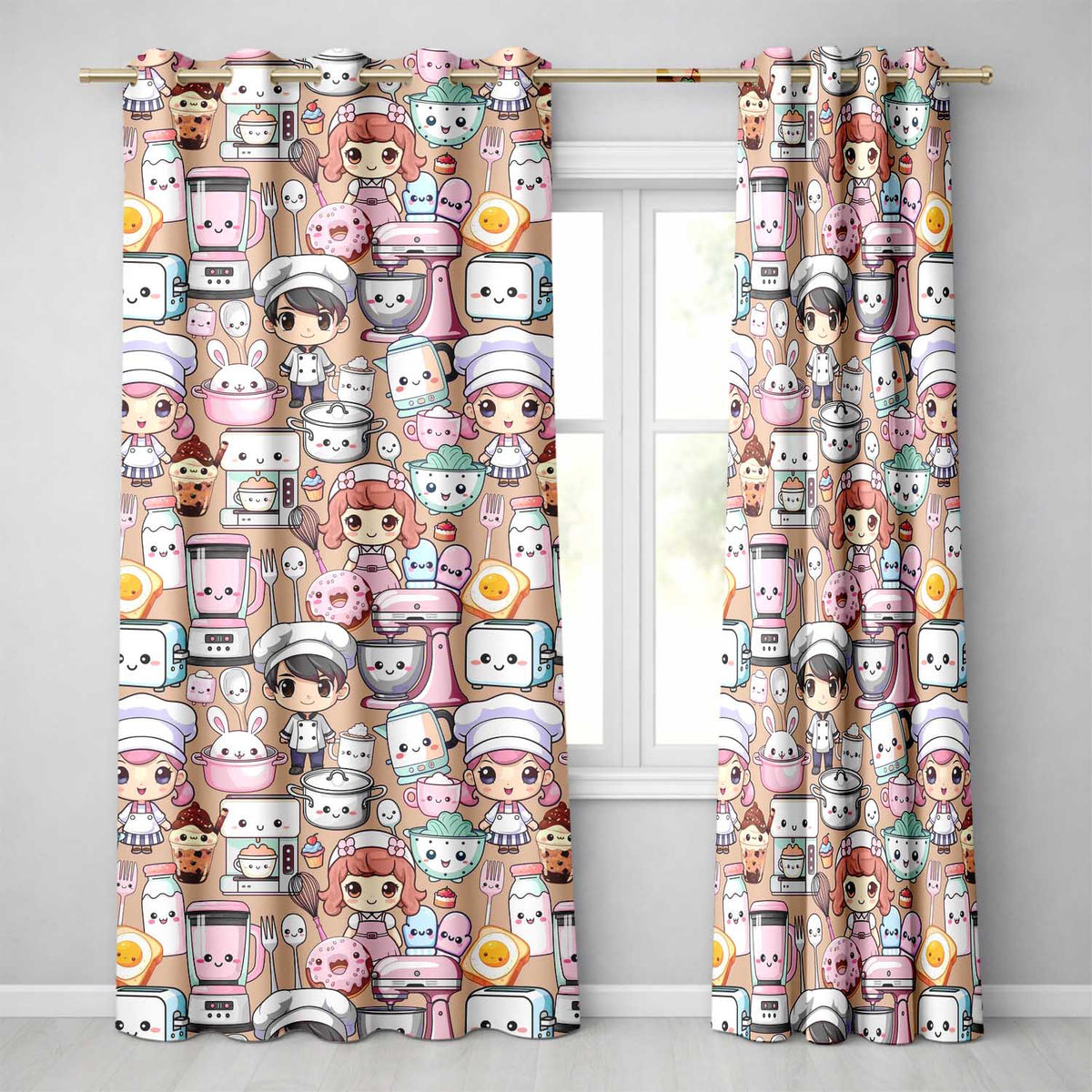 Cute Kawaii Baking Girl Mixer Blender Donut  Peach Background Seamless Pattern  Readymade Eyelet Ring Top Thermal 100% Blackout Curtains