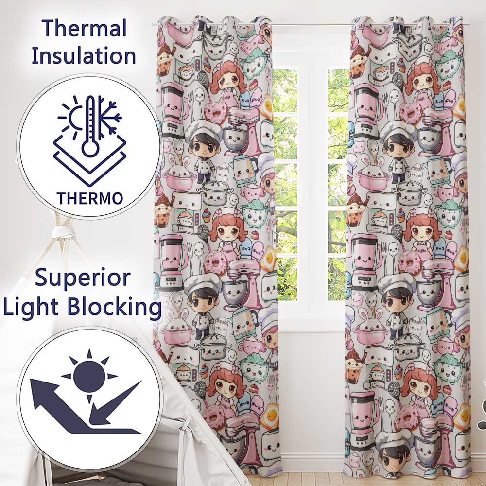 Cute Kawaii Baking Girl Mixer Blender Donut  Cream Background Seamless Pattern  Readymade Eyelet Ring Top Thermal 100% Blackout Curtains