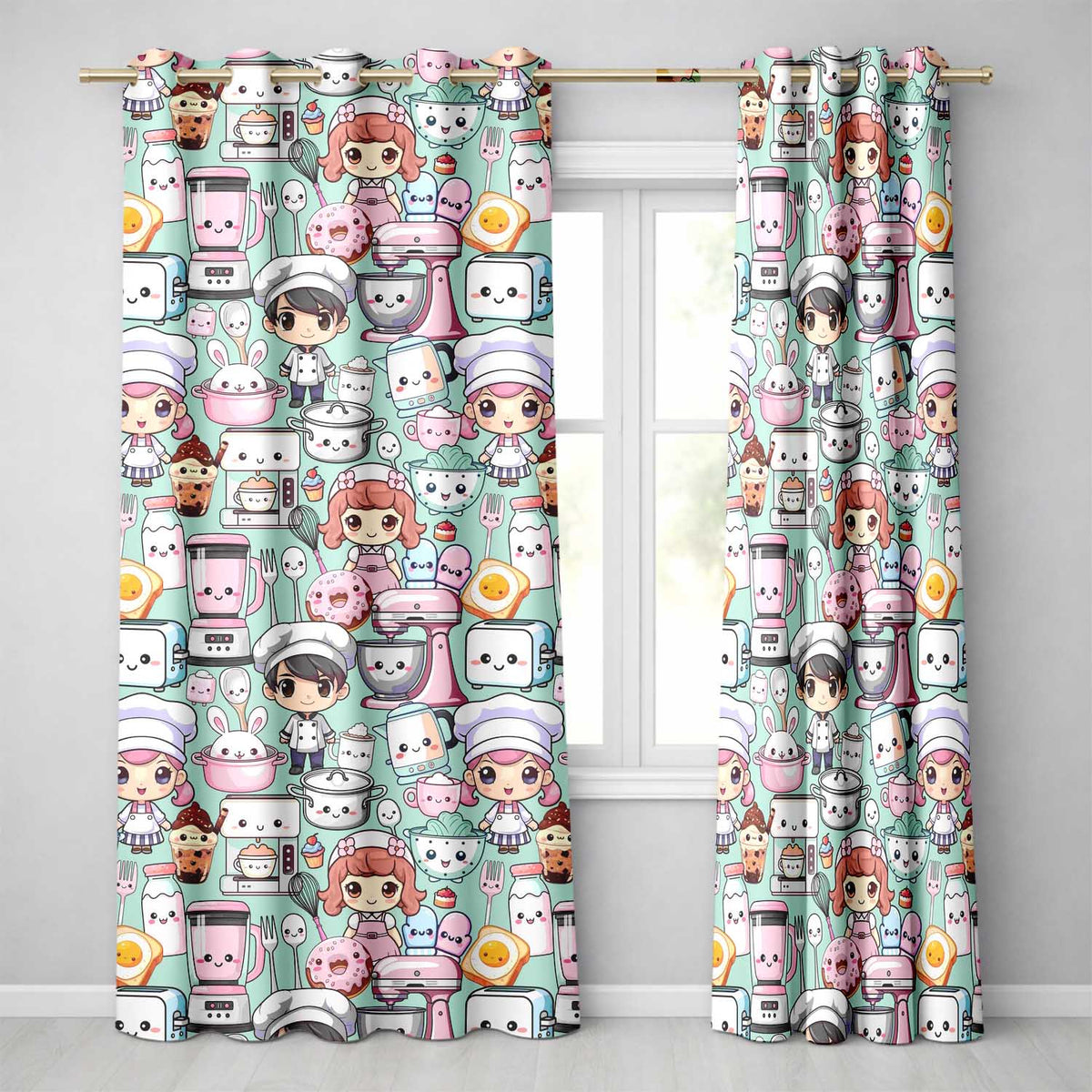 Cute Kawaii Baking Girl Mixer Blender Donut  Mint Background Seamless Pattern  Readymade Eyelet Ring Top Thermal 100% Blackout Curtains