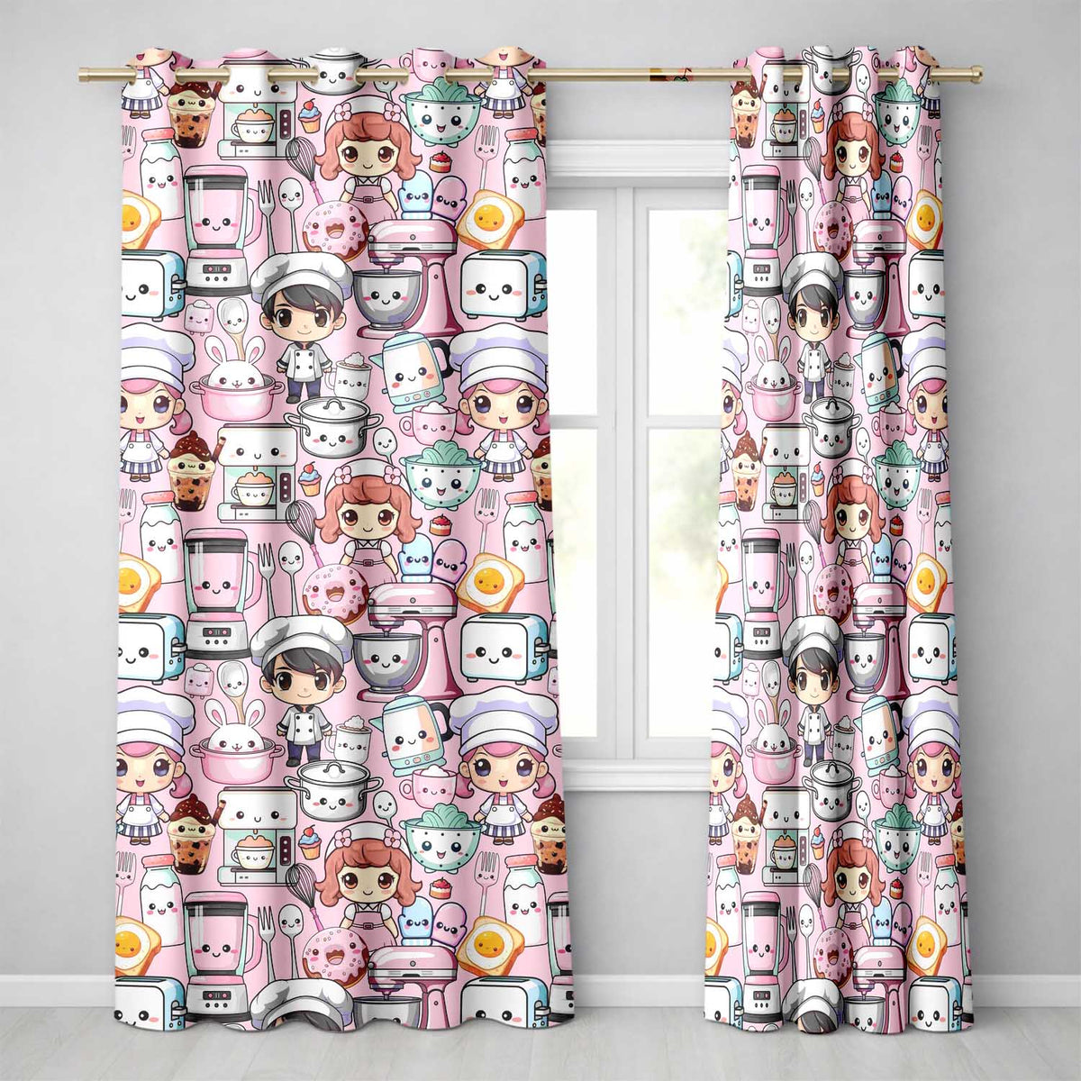 Cute Kawaii Baking Girl Mixer Blender Donut  Pink Background Seamless Pattern  Readymade Eyelet Ring Top Thermal 100% Blackout Curtains