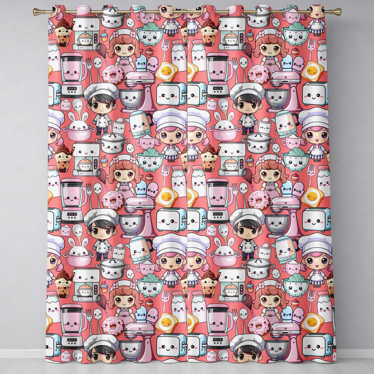 Cute Kawaii Baking Girl Mixer Blender Donut  Coral Background Seamless Pattern  Readymade Eyelet Ring Top Thermal 100% Blackout Curtains