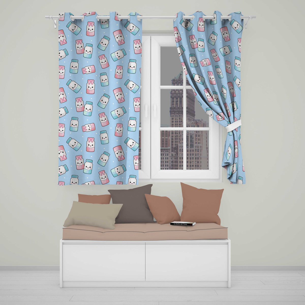 Cute Kawaii Sweet Sugar Jars with Bows Pastel Blue Background Seamless Pattern  Readymade Eyelet Ring Top Thermal 100% Blackout Curtains